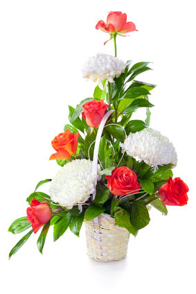 Panier, 6 roses rouge, 3 anastasias blanches et verdure
